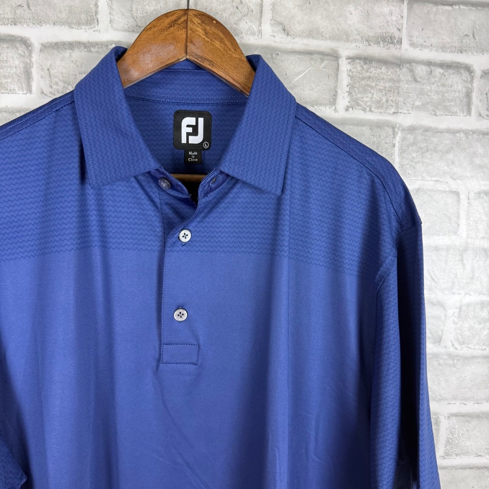 FootJoy Mens Lisle Performance Golf Polo Shirt Navy Blue Chevron Pattern LARGE